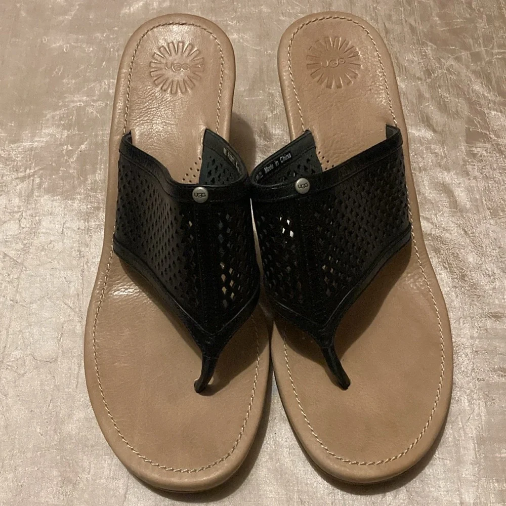 UGG Solena Black Leather Perforated Wedge Thong Sandals